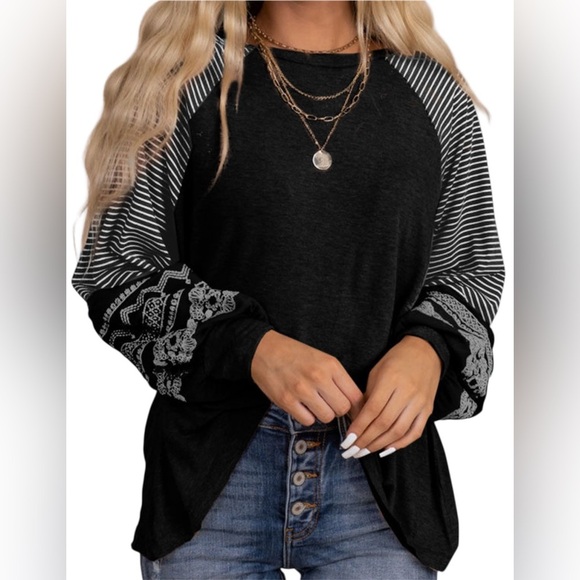 Black Contrast Print Raglan Long Sleeve Top – Striped & Patterned – Sizes S–2XL - Picture 1 of 8